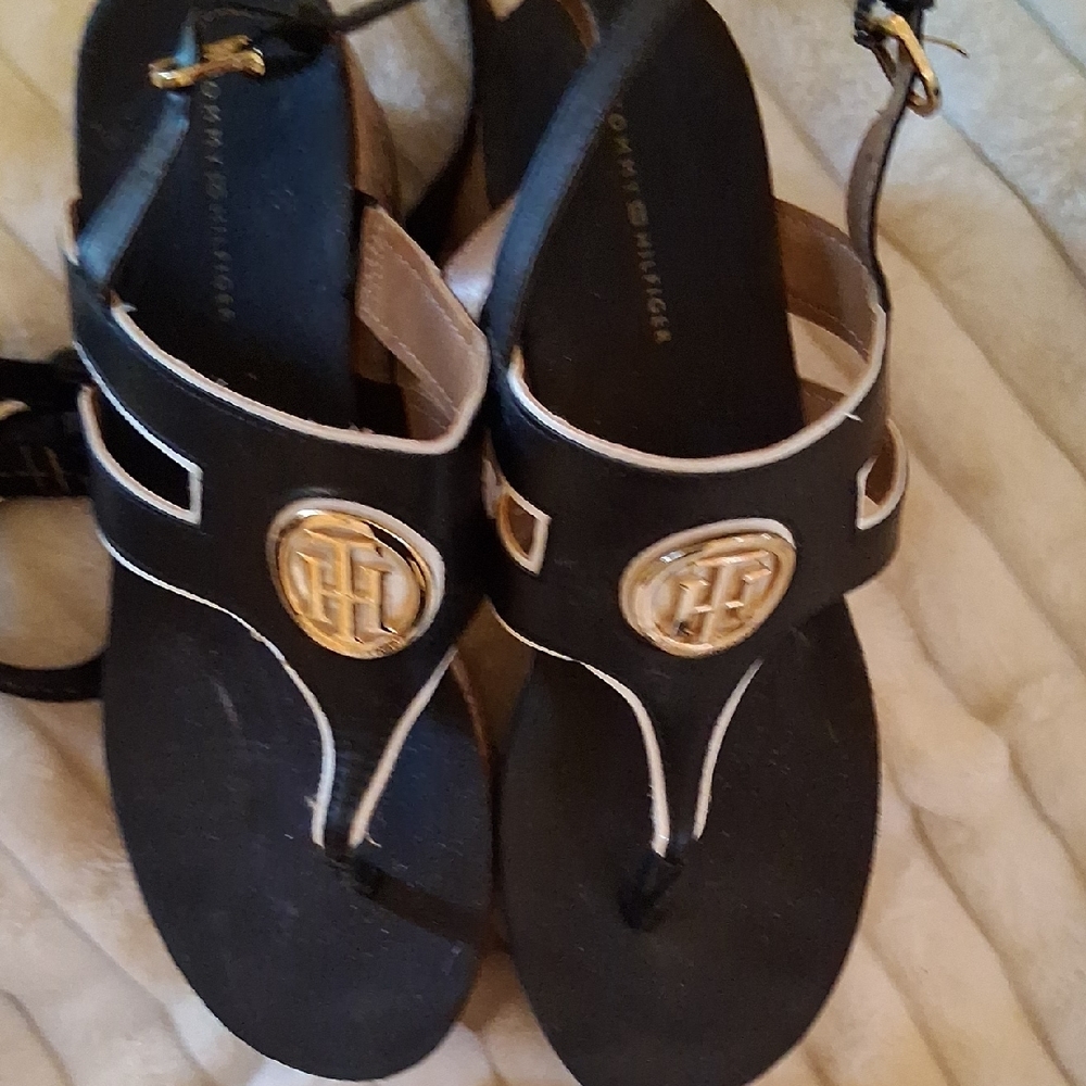 Tommy Hilfiger Black and Gold Sandals